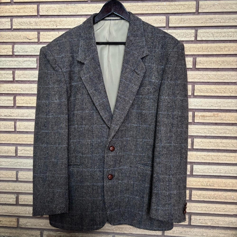Wool Plaid Suit Jacket - 38R - Blue/Tan/Grey Plaid Sport Coat - Oversized